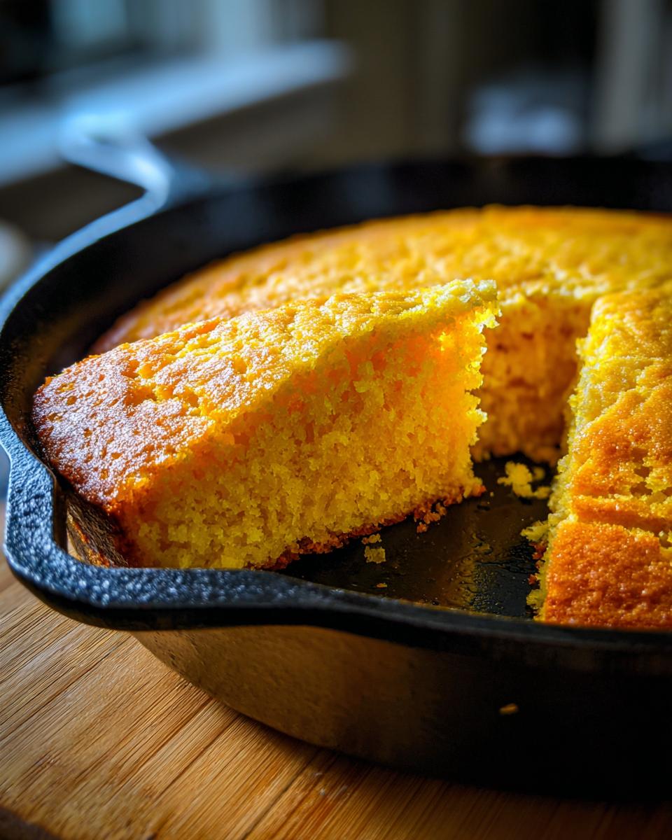 A close-up shot of a golden slice of skillet cornbread, showing its moist texture.