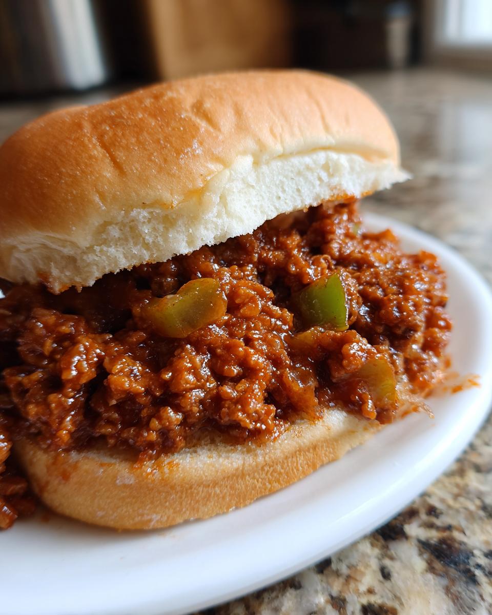 A close-up shot of a delicious Sloppy Joe sandwich on a white plate, featuring a soft bun filled with savory ground meat and green peppers.