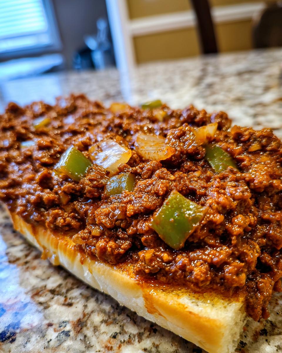 Close-up of a hearty sloppy joe sandwich on a white bun, topped with seasoned ground beef and diced green peppers and onions.