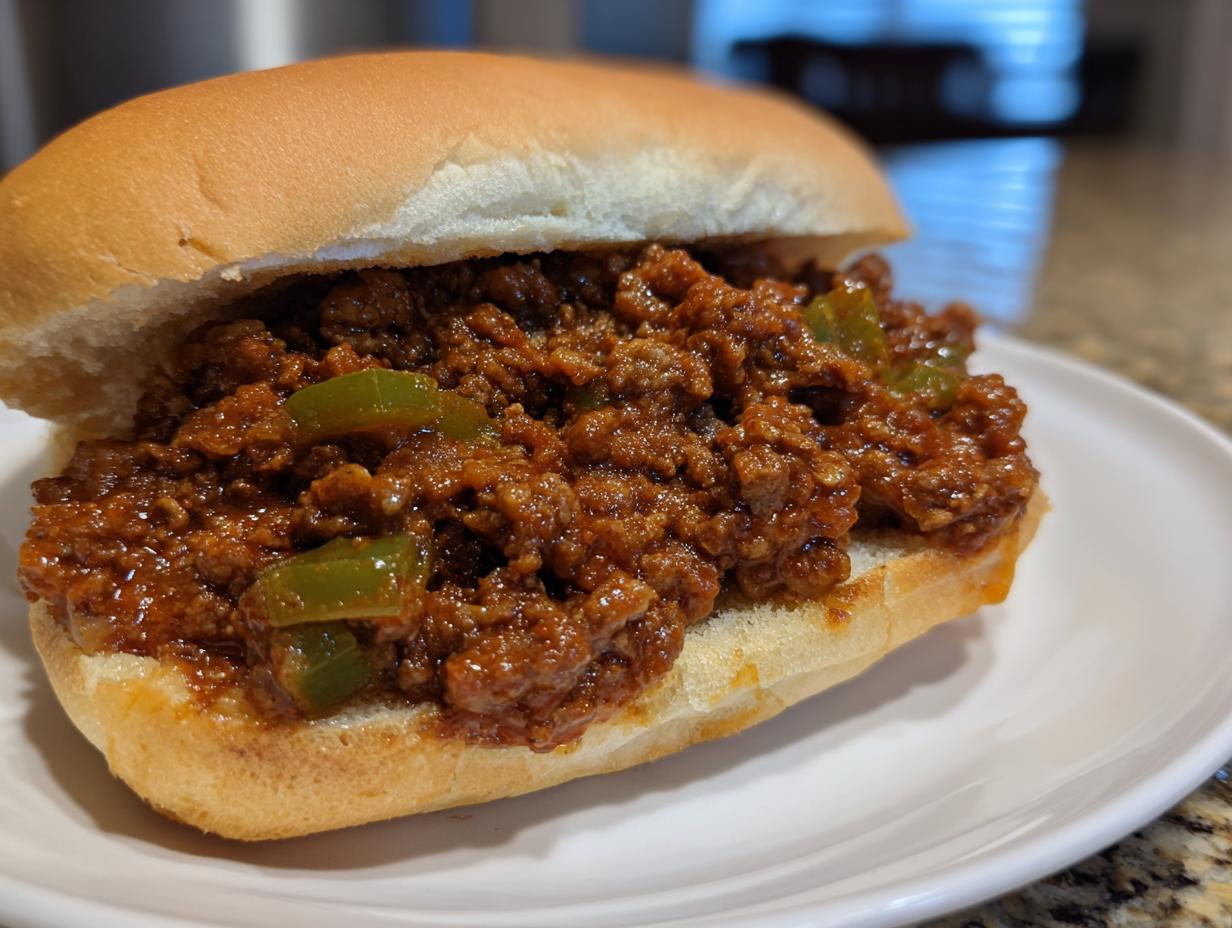 A close-up of a classic Sloppy Joe sandwich on a soft bun, filled with savory ground beef and green peppers.