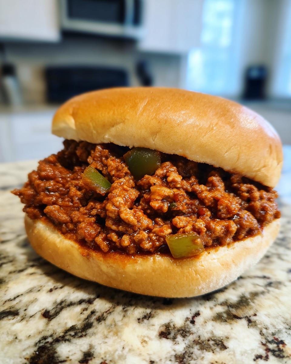 A close-up of a classic Sloppy Joe sandwich on a bun, filled with seasoned ground beef and green peppers.