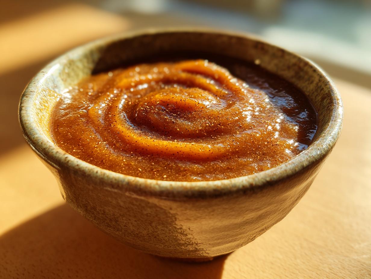 Close-up of rich, spiced slow cooker apple butter swirled in a rustic bowl, glistening in sunlight.