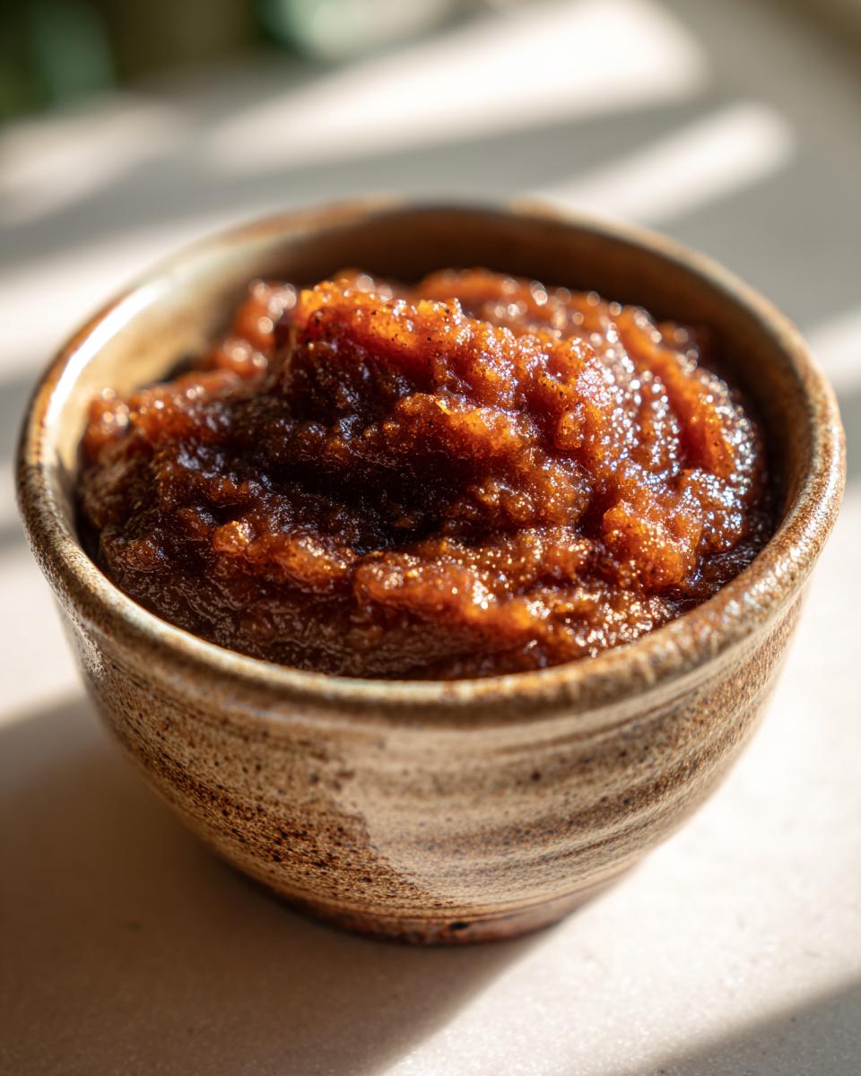 A close-up of rich, dark slow cooker apple butter served in a rustic ceramic bowl.