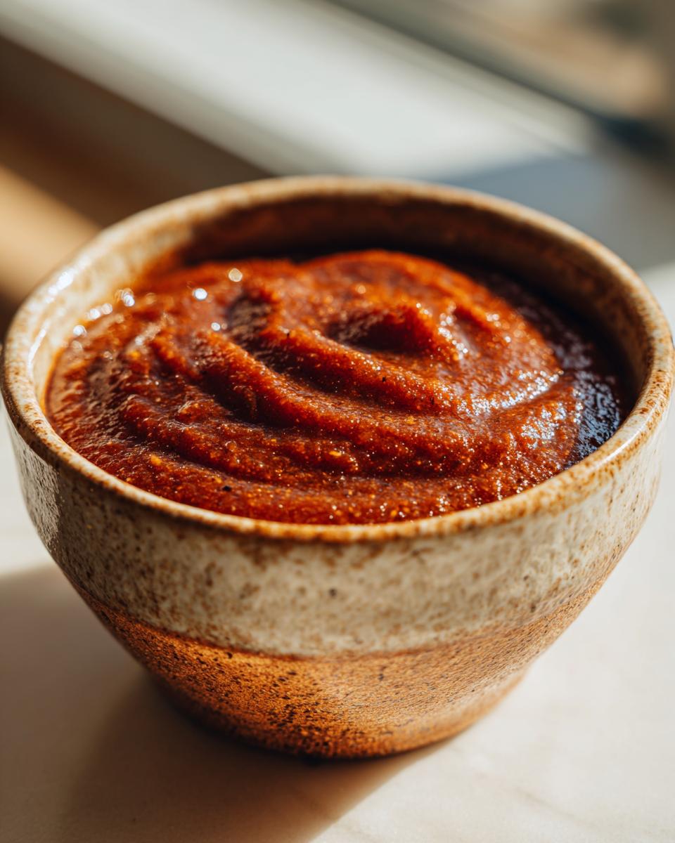 A close-up of rich, dark red slow cooker apple butter swirled in a rustic ceramic bowl.
