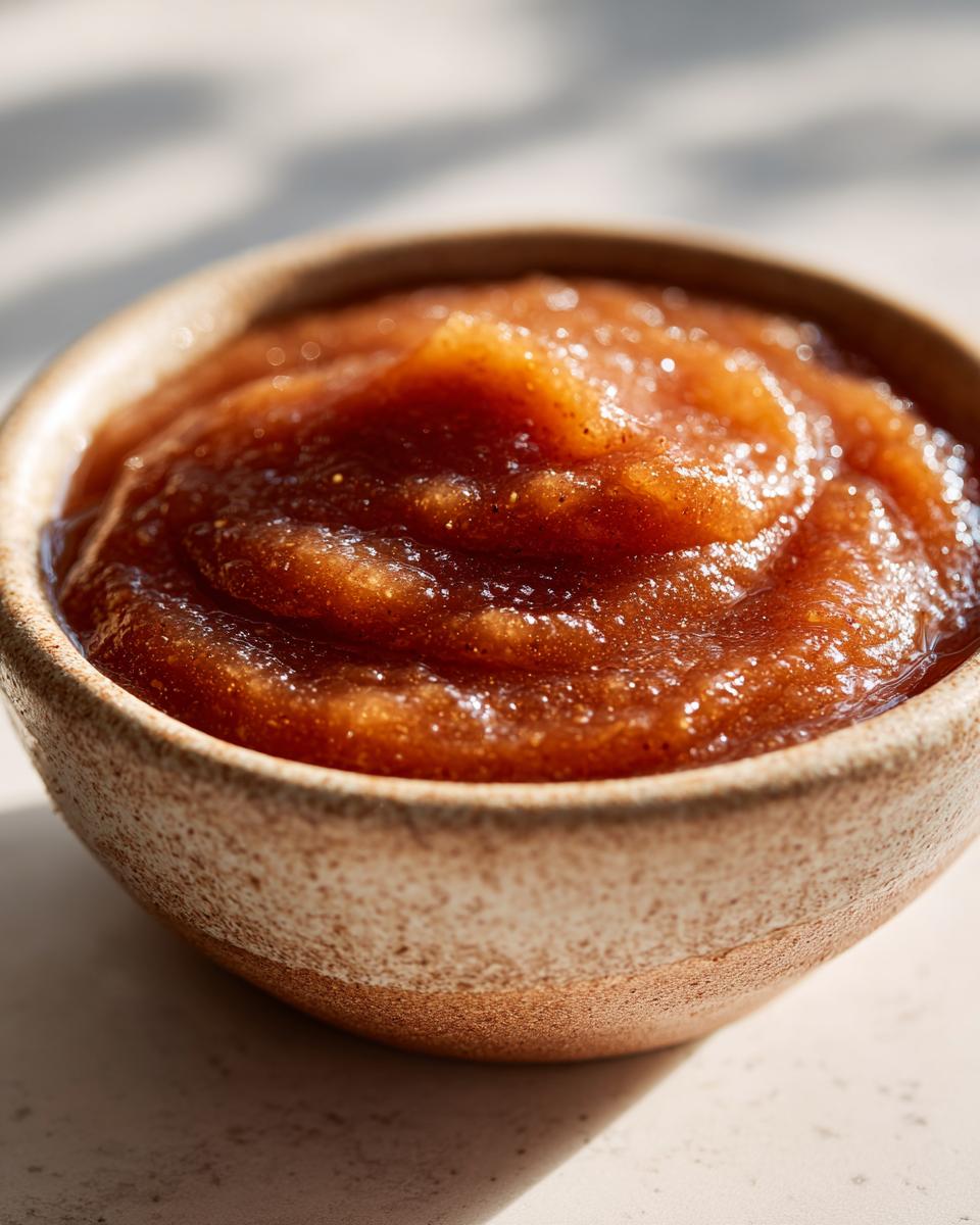 A close-up of rich, smooth slow cooker apple butter in a rustic ceramic bowl.