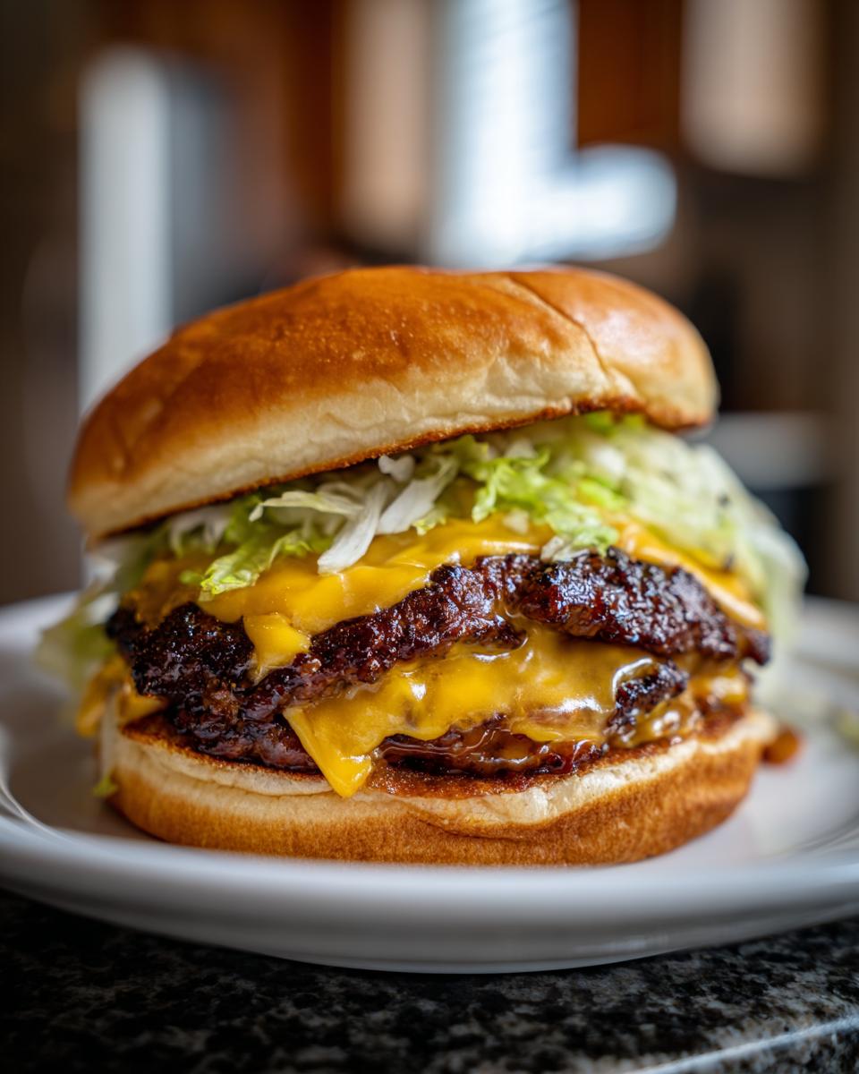 A juicy double smash burger with melted cheese and shredded lettuce on a toasted bun.