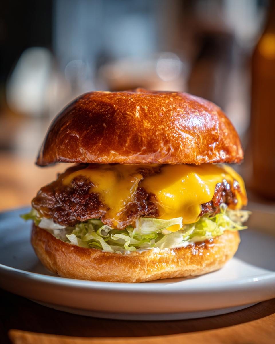 A close-up of a juicy smash burger with melted cheddar cheese, crisp lettuce, and a toasted bun.