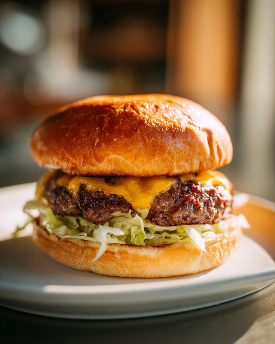 Close-up of a juicy smash burger with melted cheddar cheese and shredded lettuce on a toasted bun.