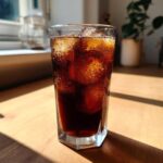 A tall glass filled with dark cold brew coffee and ice cubes, glistening in the sunlight.