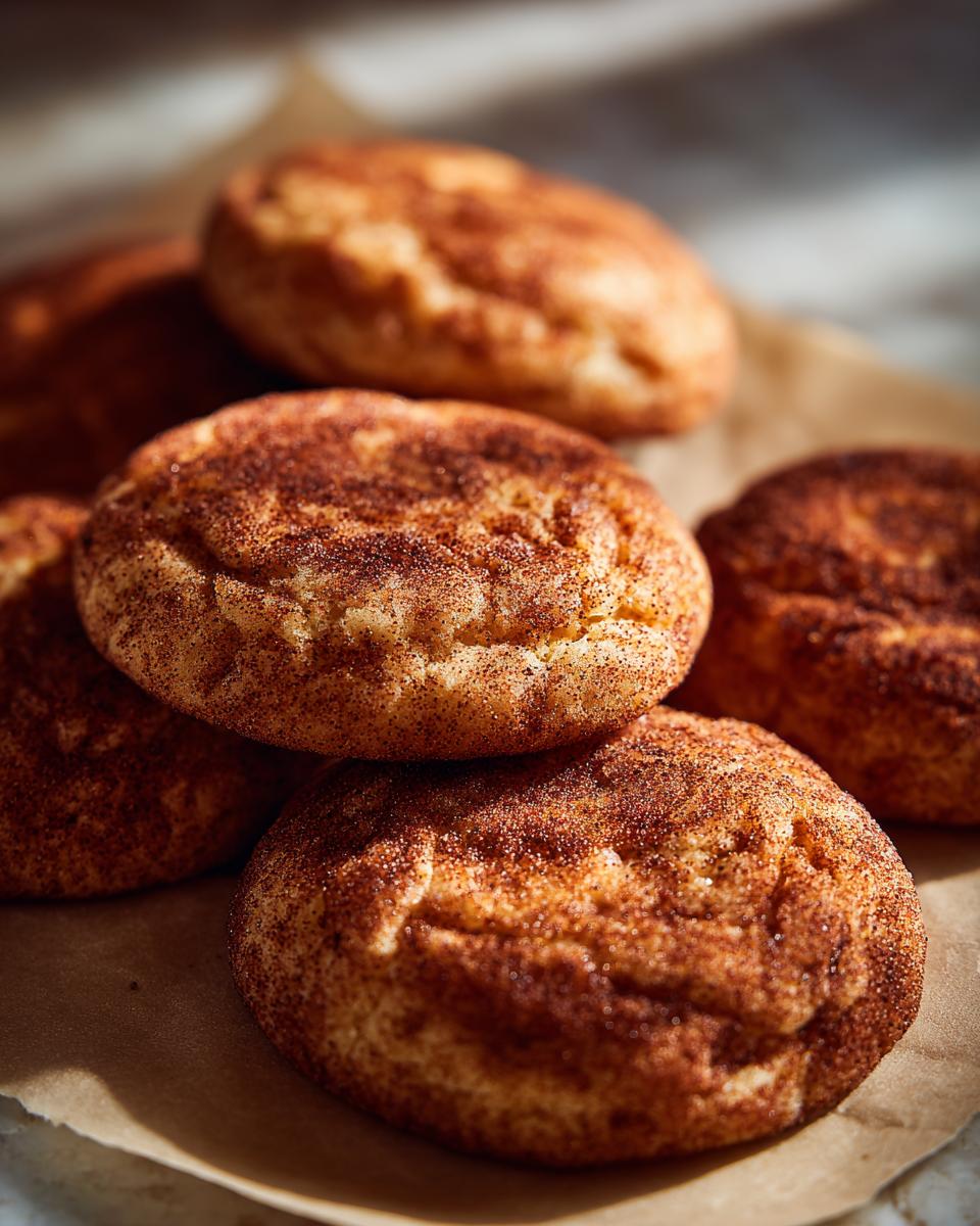 A close-up of several freshly baked Snickerdoodle cookies, coated in cinnamon sugar.