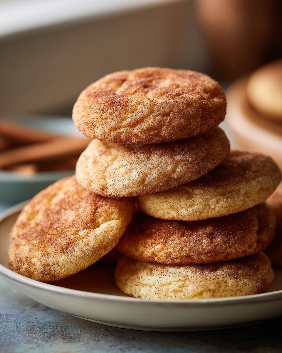 A close-up view of a stack of freshly baked Snickerdoodle cookies, coated in cinnamon sugar.