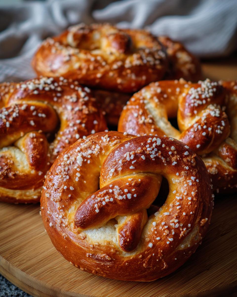 A close-up of a golden-brown soft pretzel sprinkled with coarse salt, presented on a wooden board.