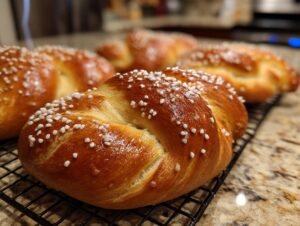 Close-up of a golden-brown soft pretzel, twisted and sprinkled with coarse salt, cooling on a wire rack.