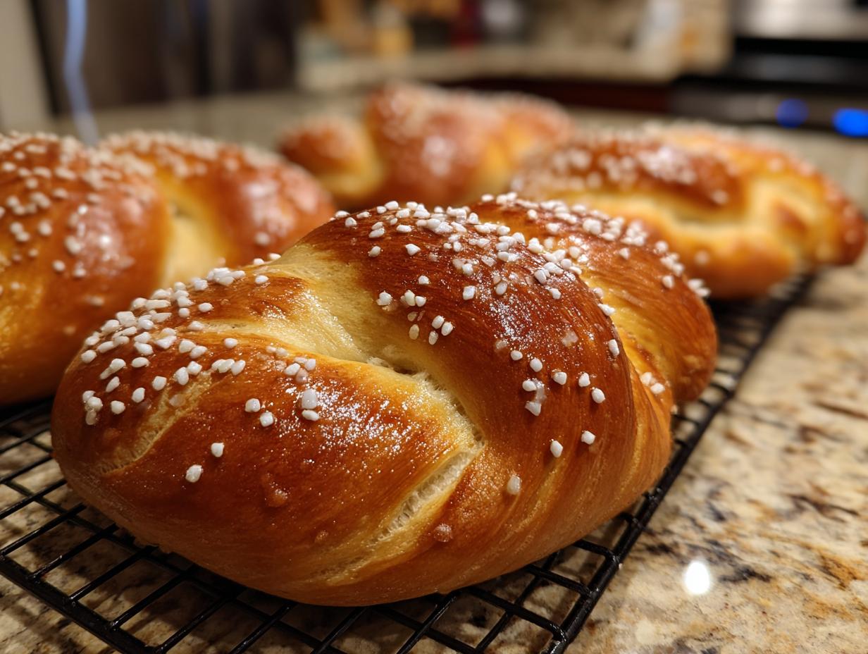 Close-up of a golden-brown soft pretzel, twisted and sprinkled with coarse salt, cooling on a wire rack.