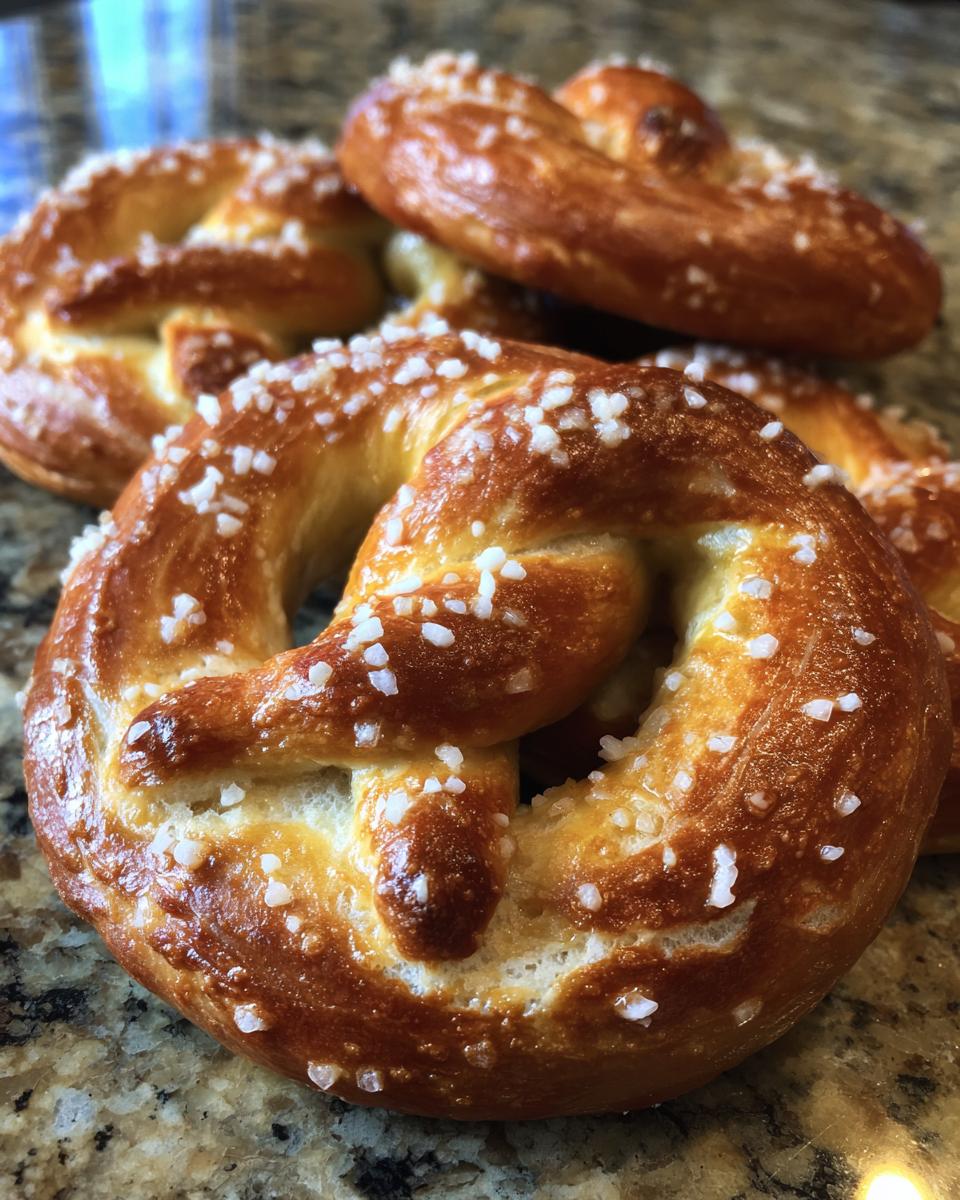 Close-up of a freshly baked soft pretzel sprinkled with coarse salt, showcasing its golden-brown crust.