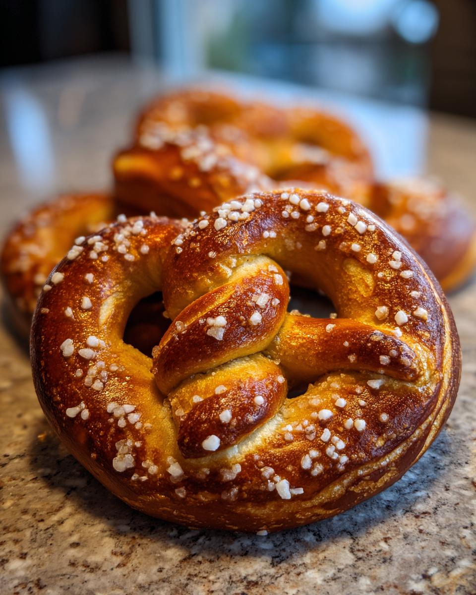 A close-up of a golden-brown soft pretzel sprinkled with coarse salt, with other pretzels blurred in the background.