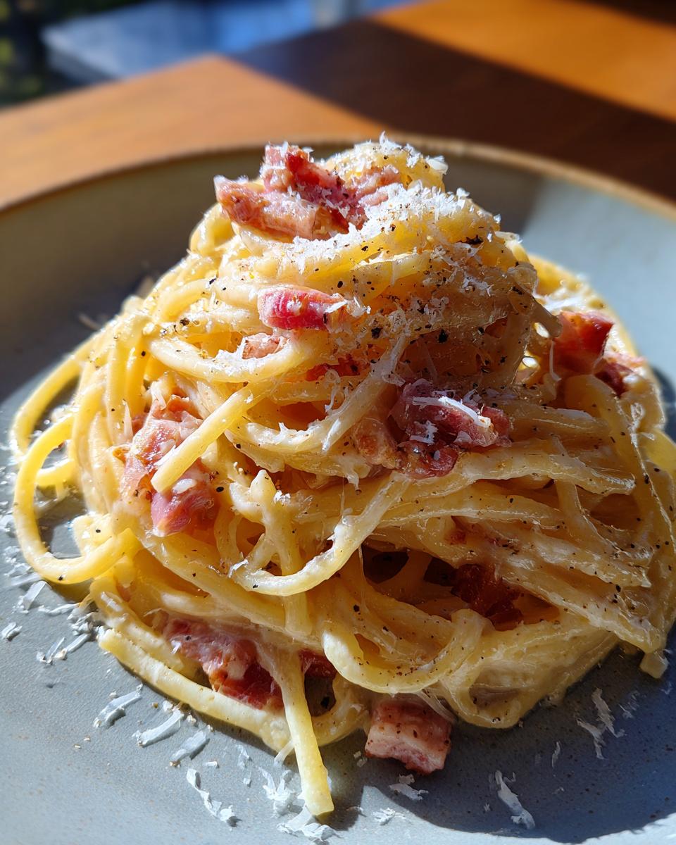 A close-up of a plate of authentic Spaghetti Carbonara, featuring pasta coated in creamy sauce, with chunks of guanciale and grated Pecorino Romano cheese.