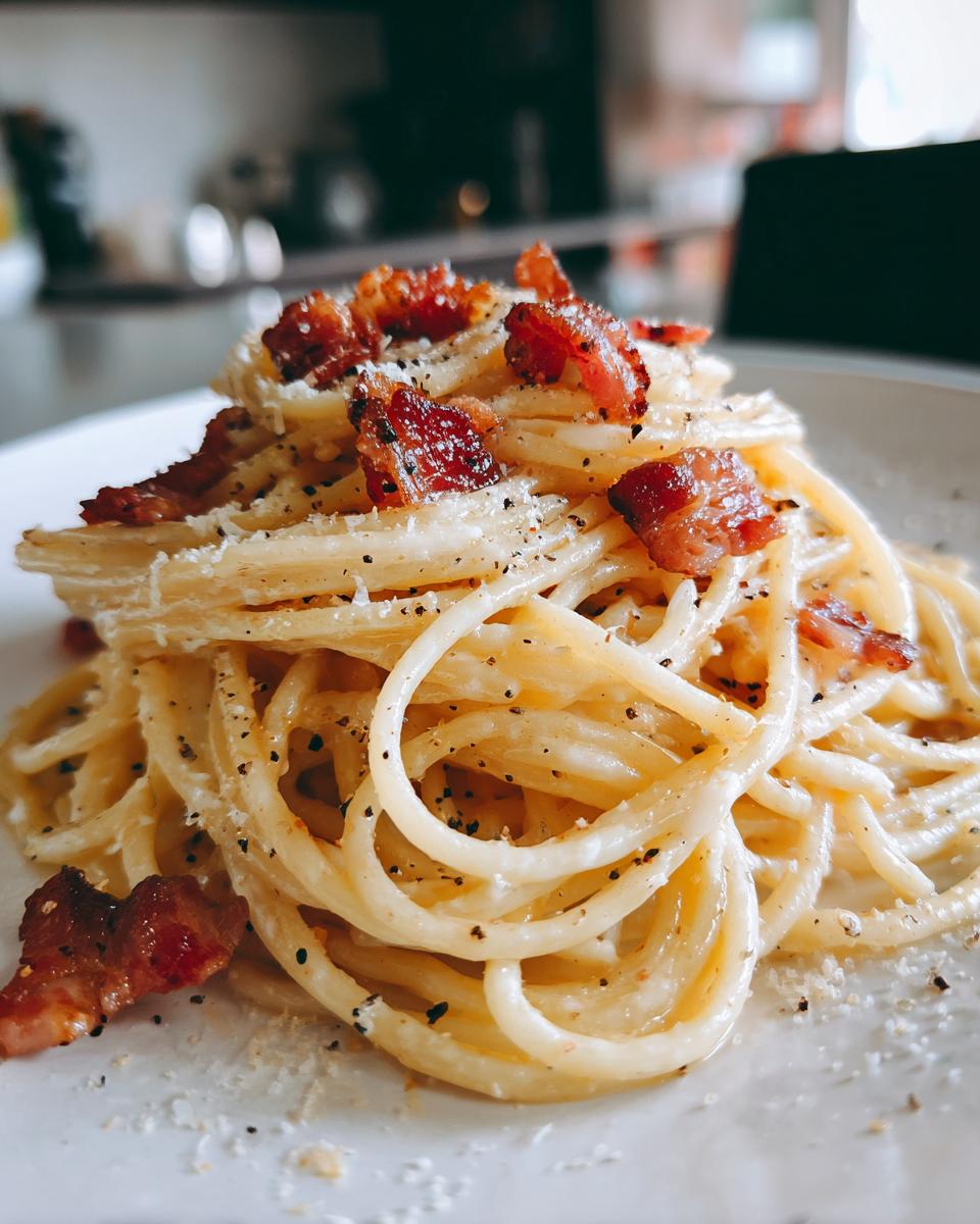 A close-up of authentic Spaghetti Carbonara topped with crispy guanciale and freshly grated Pecorino Romano cheese.
