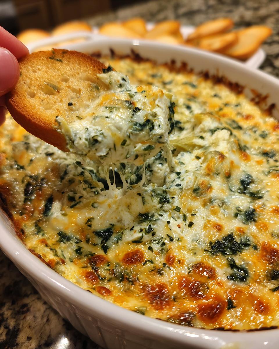 A toasted baguette slice is dipped into a bubbling, cheesy spinach artichoke dip.