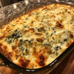 Close-up of bubbly, golden-brown spinach artichoke dip in a glass baking dish.