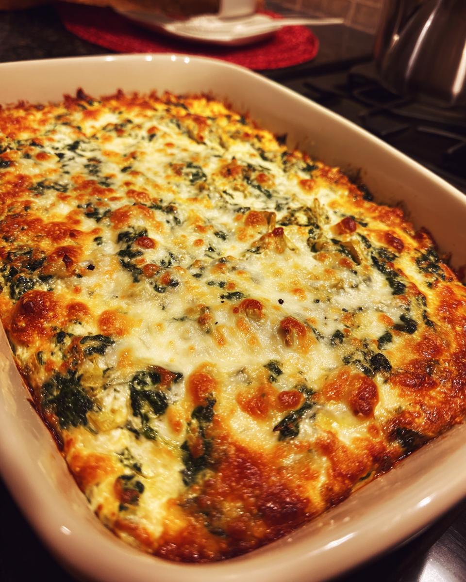 A close-up of a baking dish filled with golden brown and bubbly spinach artichoke dip.