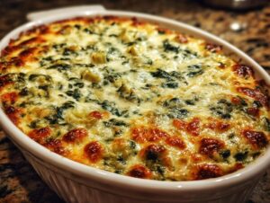 A close-up, angled shot of a bubbling hot spinach artichoke dip in a white baking dish, with golden brown cheesy crust.