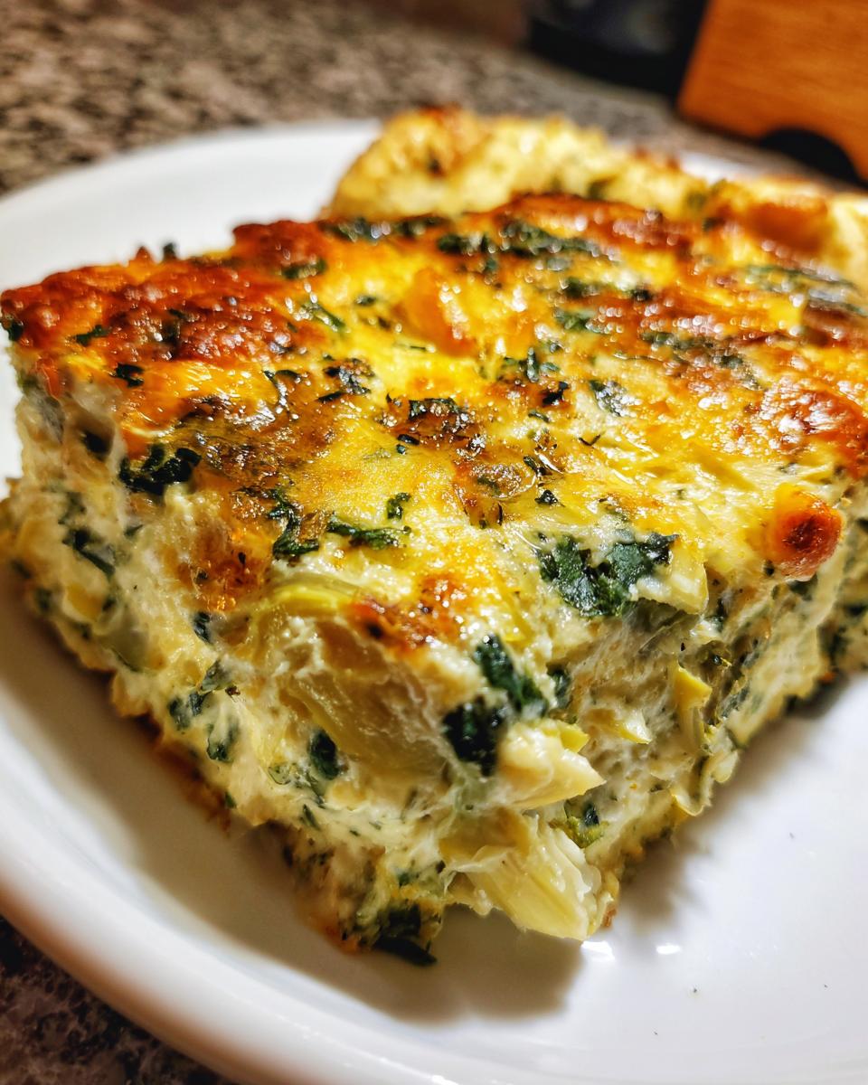 A close-up of a slice of baked Spinach Artichoke Dip casserole on a white plate.