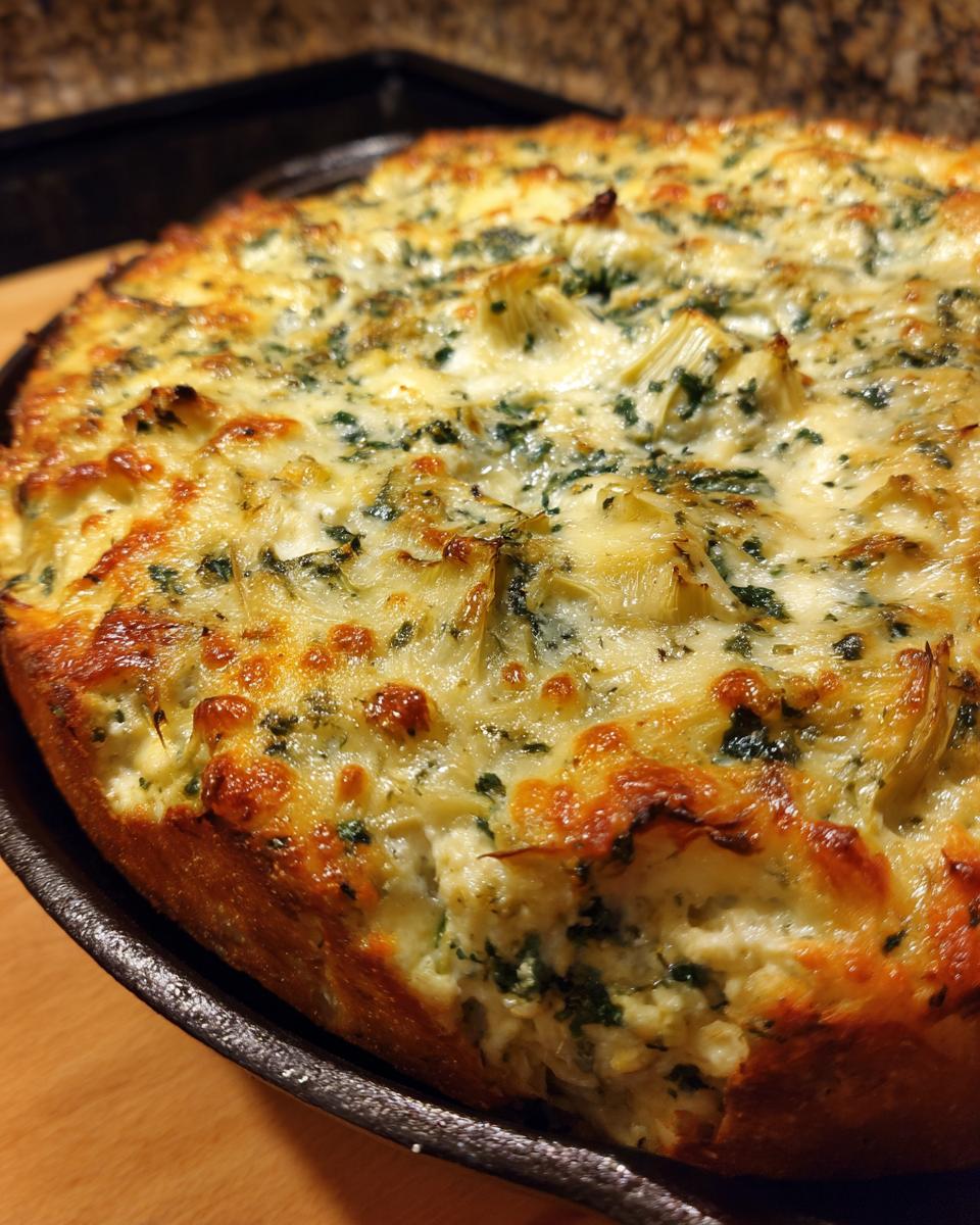 A close-up of bubbling hot spinach artichoke dip in a cast iron skillet, with golden brown cheese.