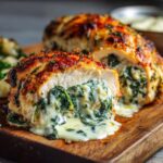 A close-up of a juicy spinach stuffed chicken breast, sliced open to reveal creamy cheese and spinach filling.