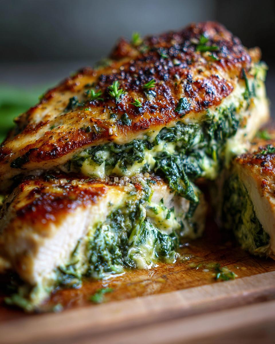 A close-up of a juicy spinach stuffed chicken breast, sliced to reveal the creamy spinach filling.