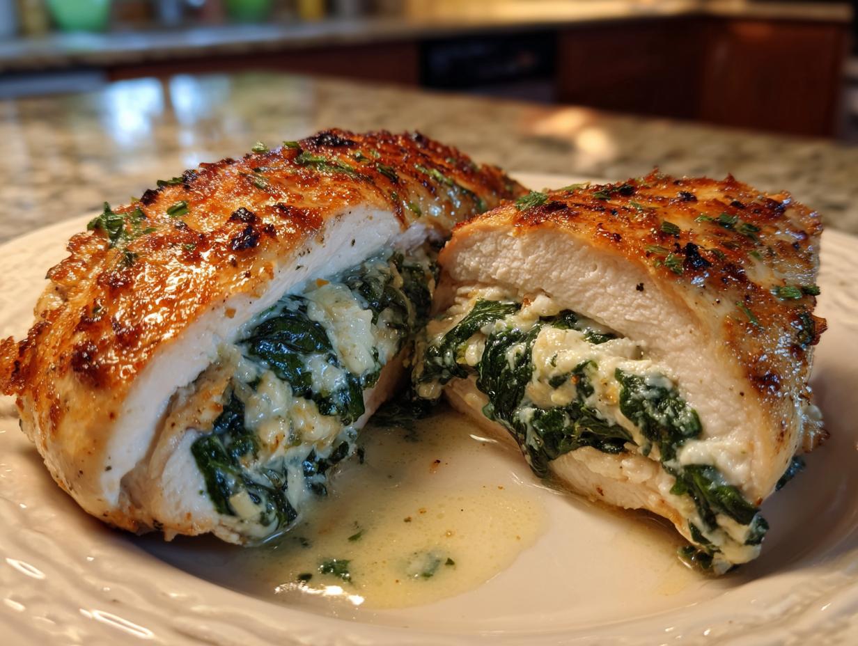 A close-up of a juicy spinach stuffed chicken breast, cut in half, revealing the creamy spinach and cheese filling.