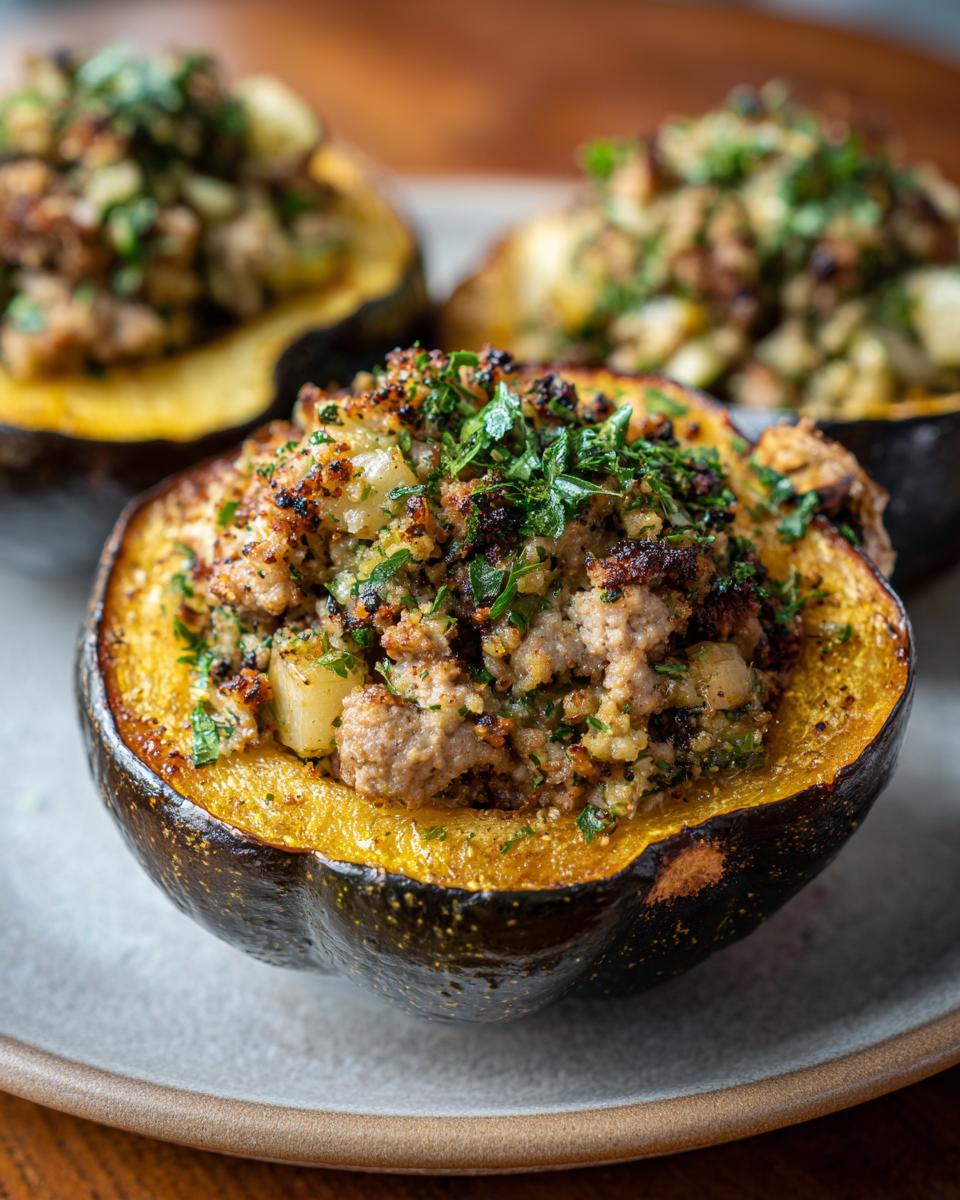 Close-up of a perfectly baked stuffed acorn squash, filled with a savory mixture and topped with fresh parsley.