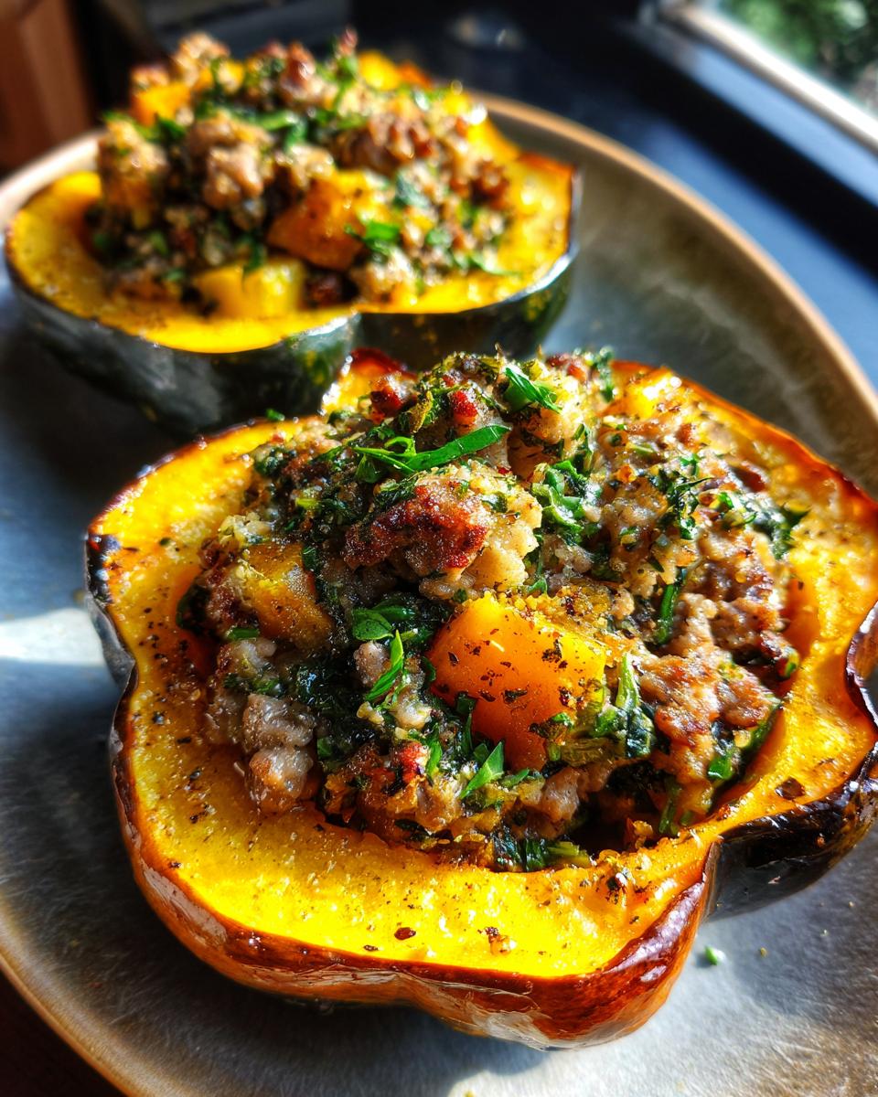 Close-up of a delicious stuffed acorn squash, filled with a savory mixture and topped with fresh herbs.