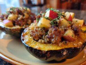 Close-up of two halves of stuffed acorn squash, filled with sausage, apples, and herbs.