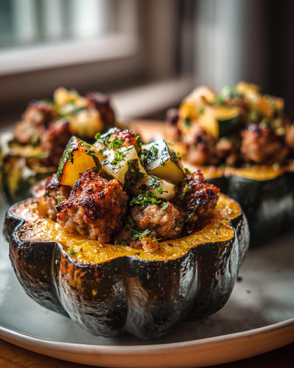 Close-up of a perfectly cooked stuffed acorn squash filled with savory sausage and herbs.
