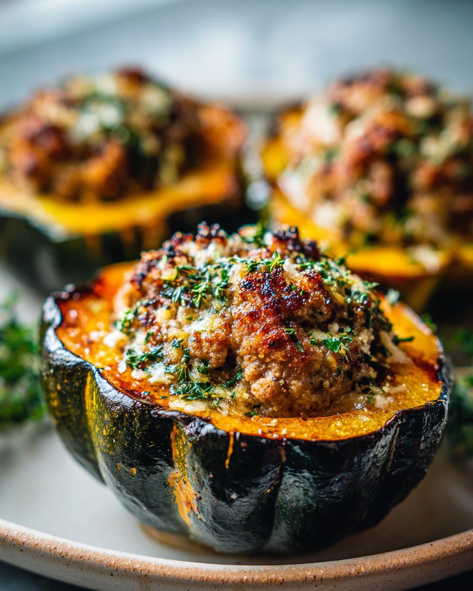 Close-up of a perfectly baked stuffed acorn squash, filled with a savory mixture and topped with herbs.