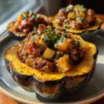 Close-up of a perfectly baked stuffed acorn squash, filled with a savory mixture and topped with fresh herbs.