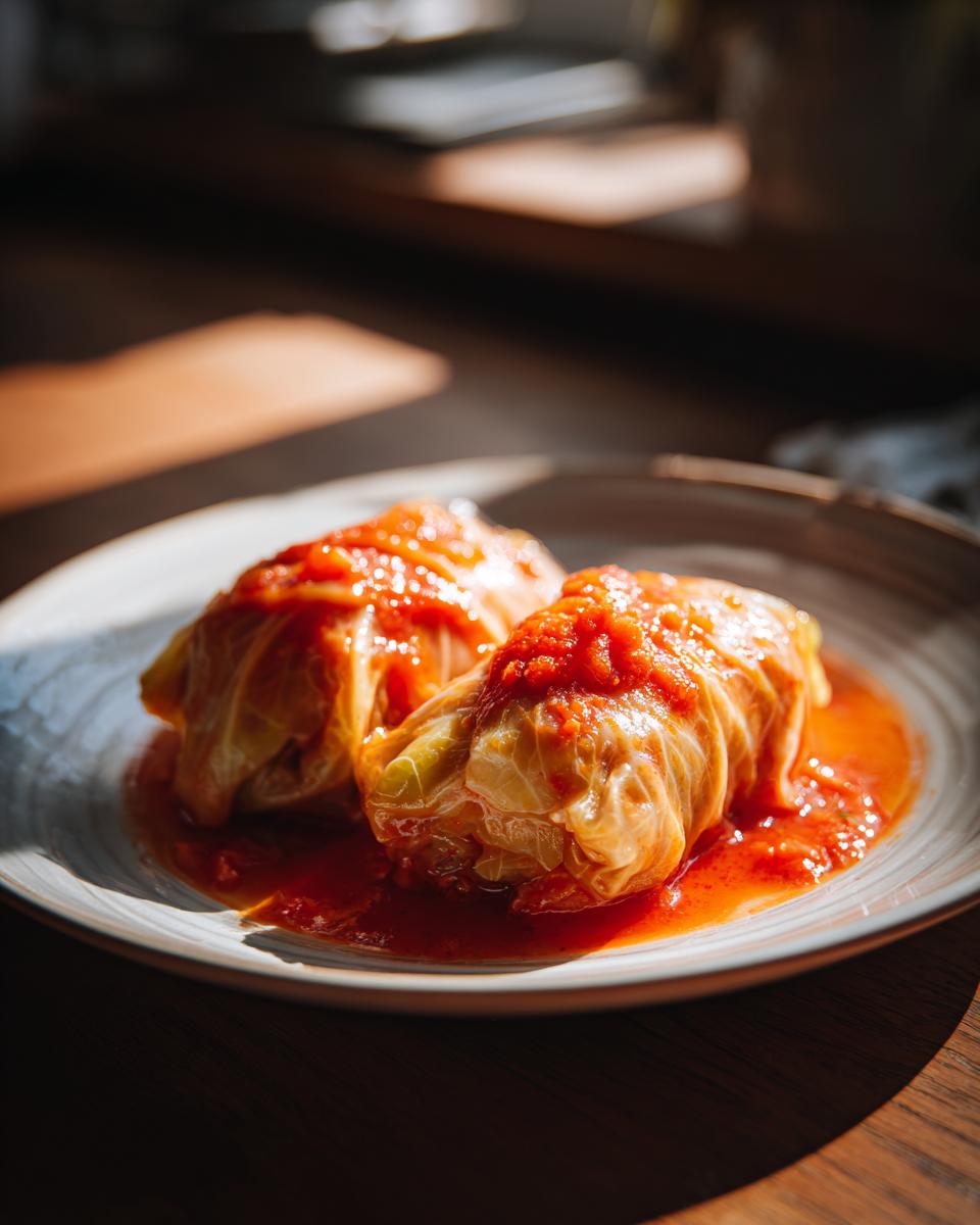 Two delicious stuffed cabbage rolls topped with tomato sauce, served on a plate.