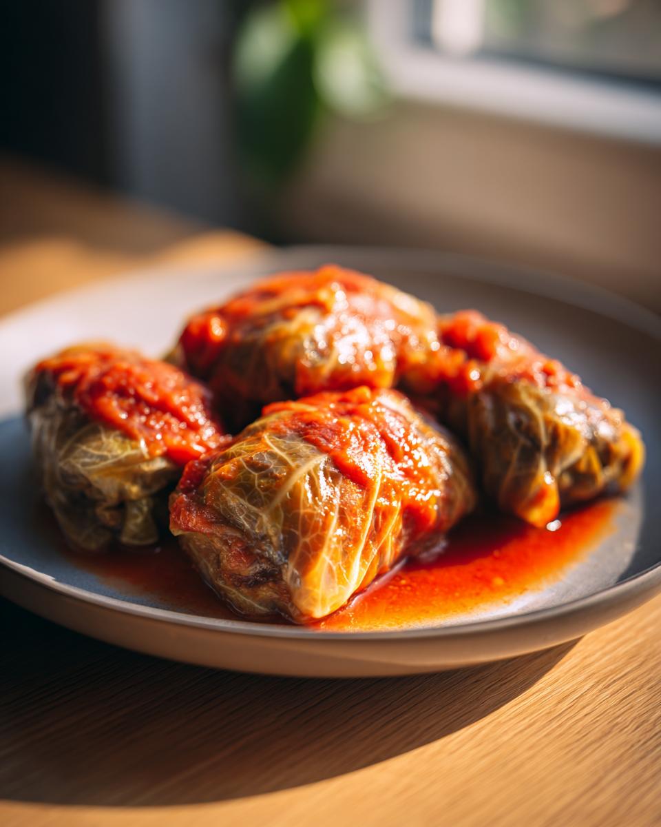 A close-up of four delicious stuffed cabbage rolls covered in a rich tomato sauce, served on a plate.
