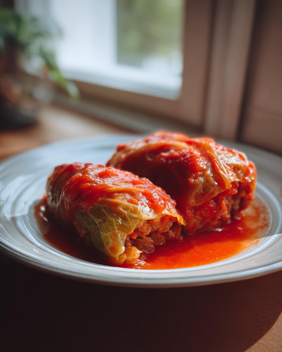 Two delicious stuffed cabbage rolls covered in tomato sauce on a white plate.