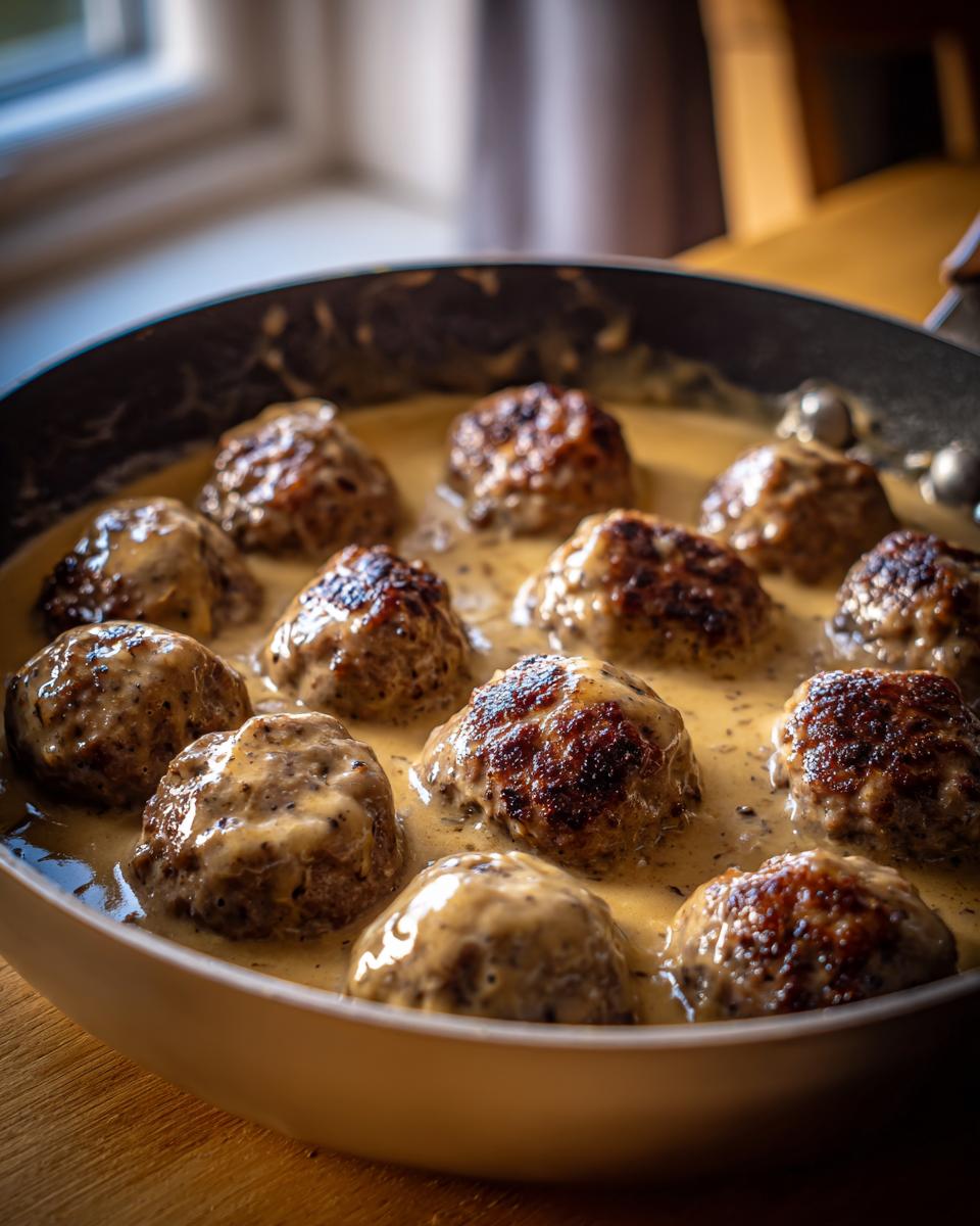 A close-up of golden-brown Swedish meatballs simmering in a rich, creamy sauce in a pan.