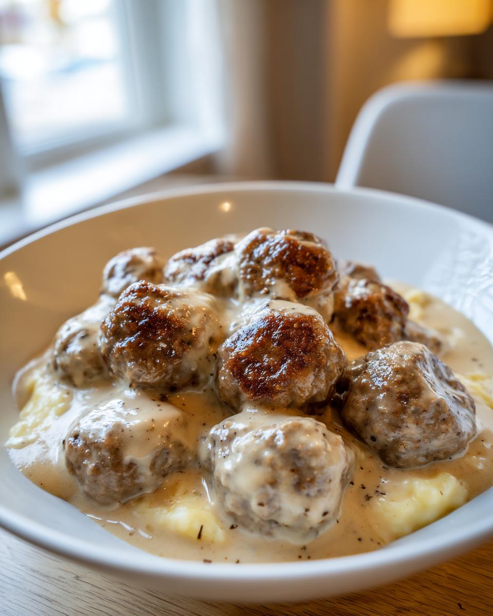 A close-up of a bowl filled with tender Swedish meatballs bathed in a rich, creamy sauce, served over mashed potatoes.