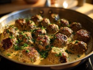 Close-up of juicy Swedish meatballs simmering in a rich, creamy sauce and garnished with fresh parsley.