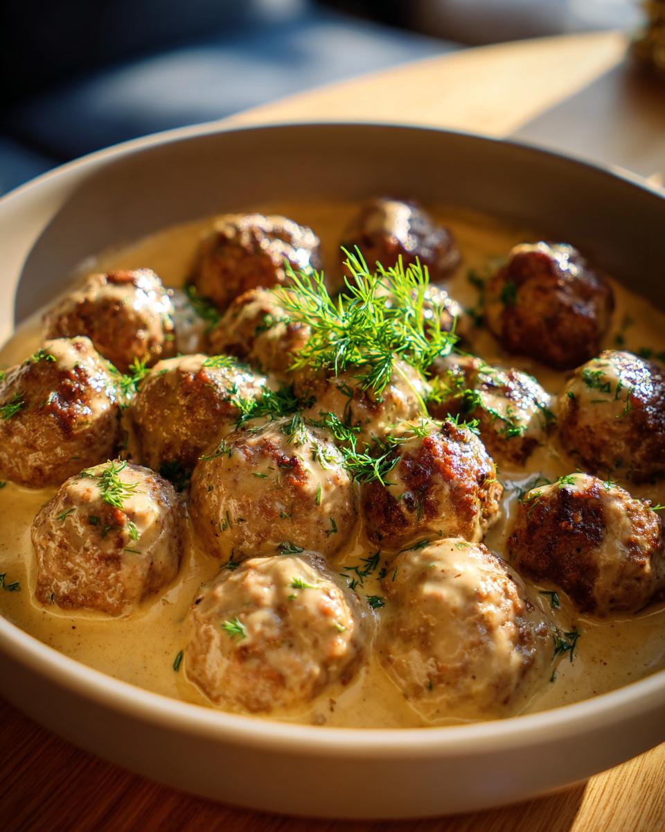 A close-up of a bowl filled with savory Swedish meatballs coated in a rich, creamy sauce and garnished with fresh dill.