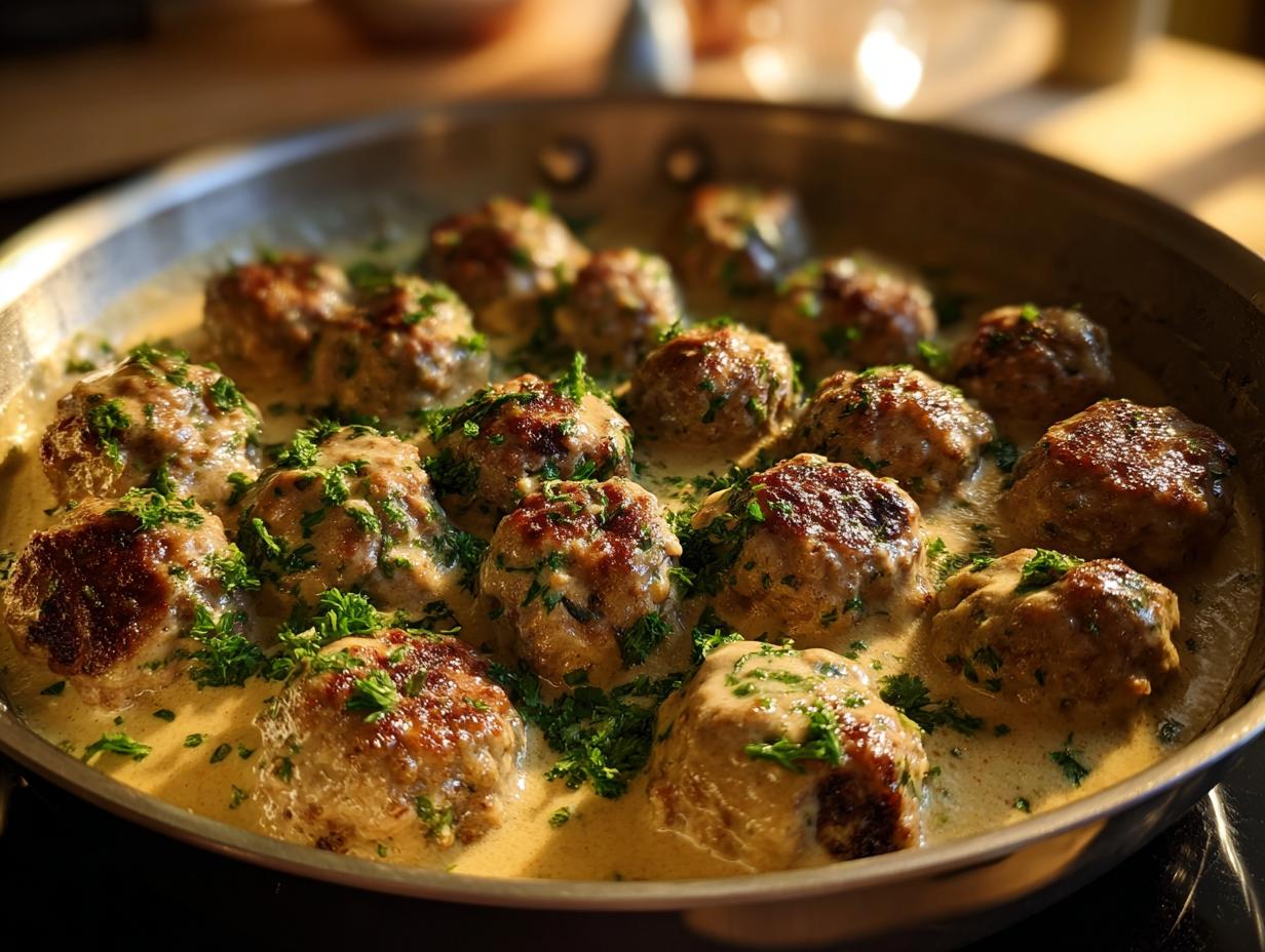 Close-up of juicy Swedish meatballs simmering in a rich, creamy sauce and garnished with fresh parsley.