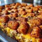 Close-up of a golden brown Tater Tot Breakfast Casserole with melted cheese and sausage.