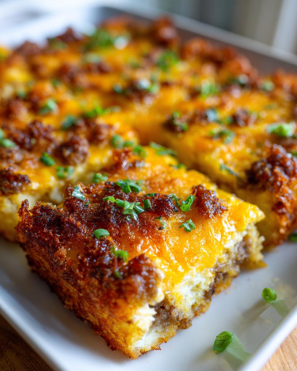 A close-up of a slice of tater tot breakfast casserole, topped with melted cheese and crumbled sausage, garnished with green onions.