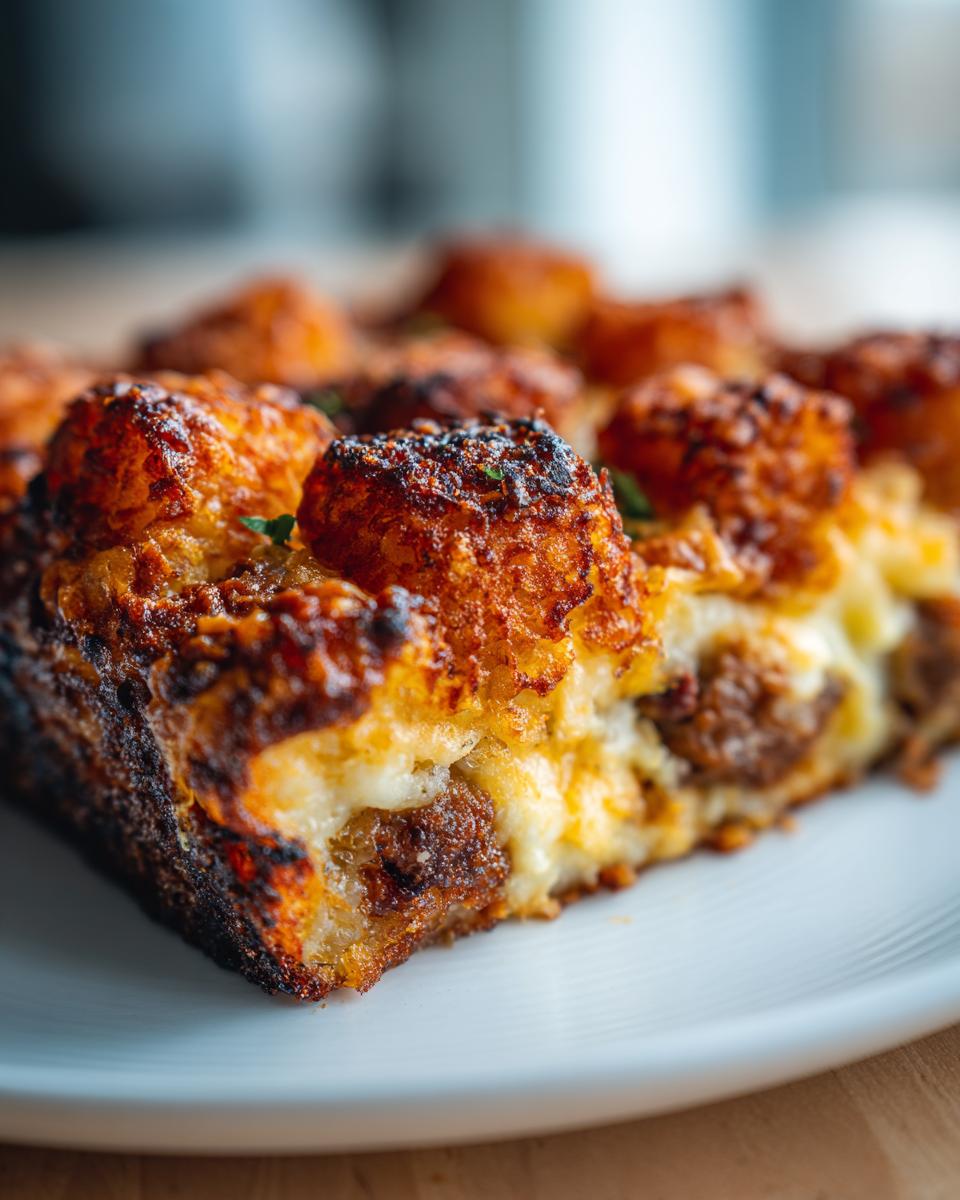 Close-up of a slice of Tater Tot Breakfast Casserole, featuring golden-brown tater tots, melted cheese, and sausage.