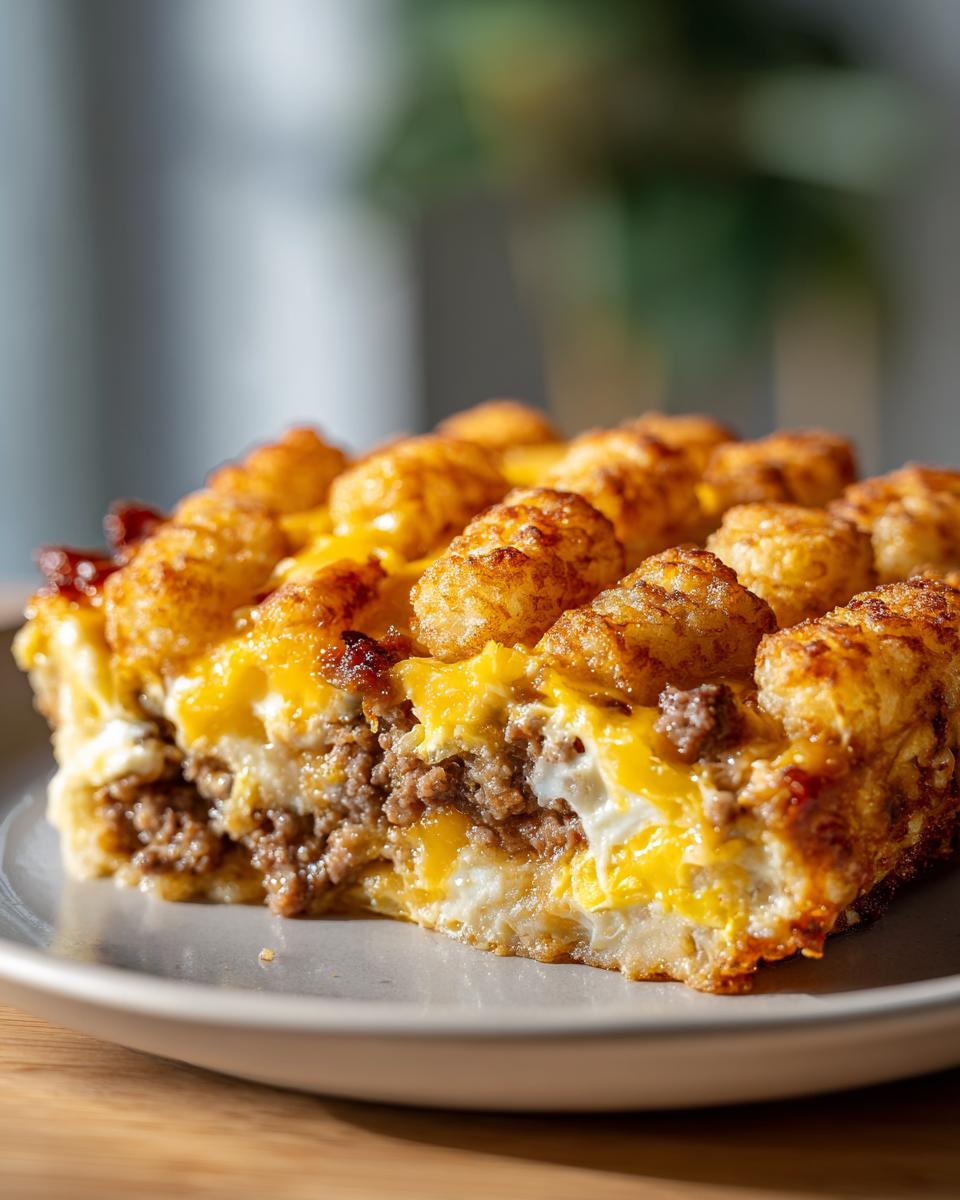 A close-up of a hearty slice of Tater Tot Breakfast Casserole, featuring layers of eggs, sausage, cheese, and crispy tater tots.
