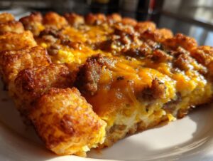 A close-up of a slice of Tater Tot Breakfast Casserole, featuring crispy tater tots, melted cheese, and sausage.